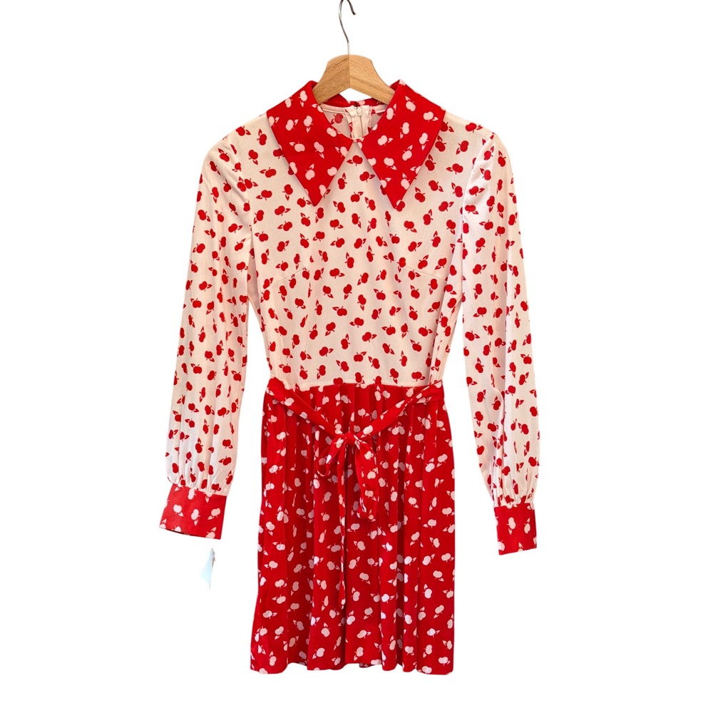 70's Vintage Apple Print Dress Retro Mod Kitsch Long Sleeve Mini Dress Preppy